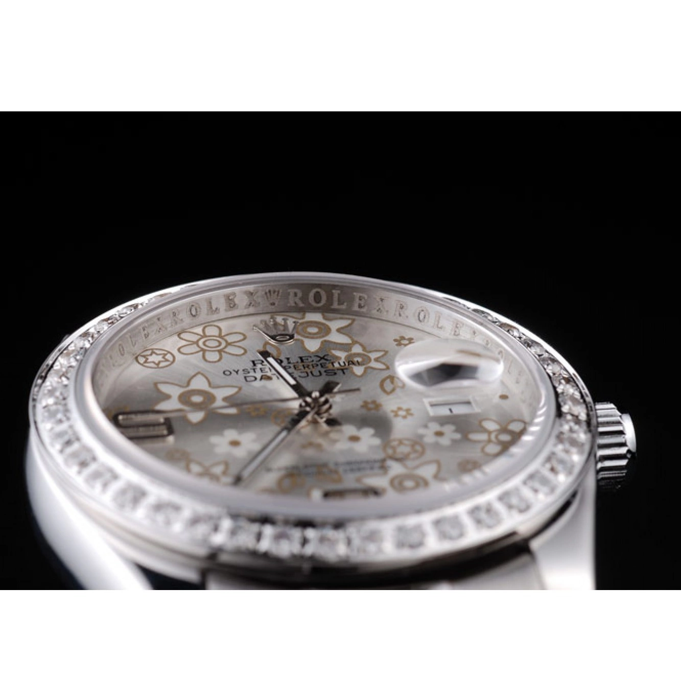 Aaa replica watch Plated Rolex Datejust 98081 Polished Diamond Dial Silver Flowers Steel Stainless 0716